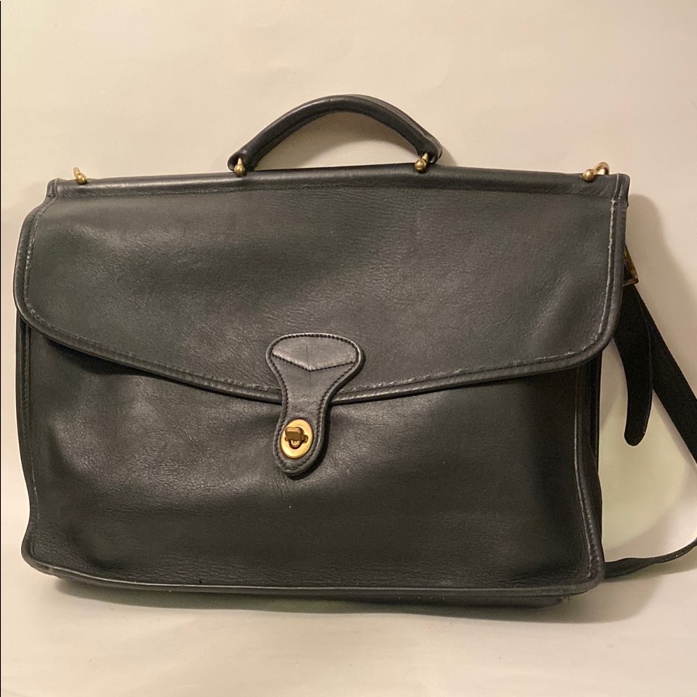Jack Georges Black Leather Satchel Briefcase Messenger Shoulder Brass Hardware
